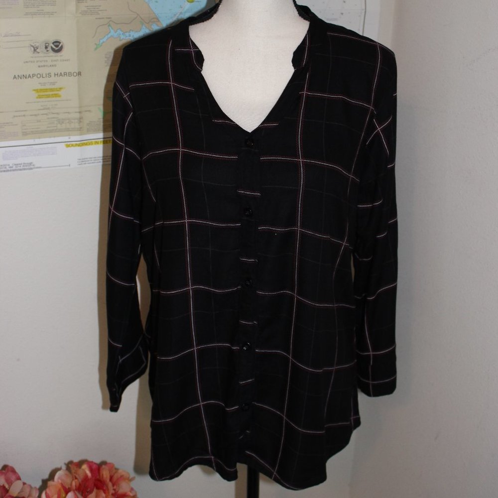 "RAINDROPS" BLACK PLAID BLOUSE SZ XXL